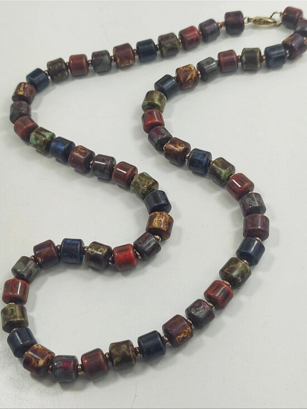 Artisan Ceramic Barrel Bead Necklace 24" Multicolor Earth Tone Blue Green Rust